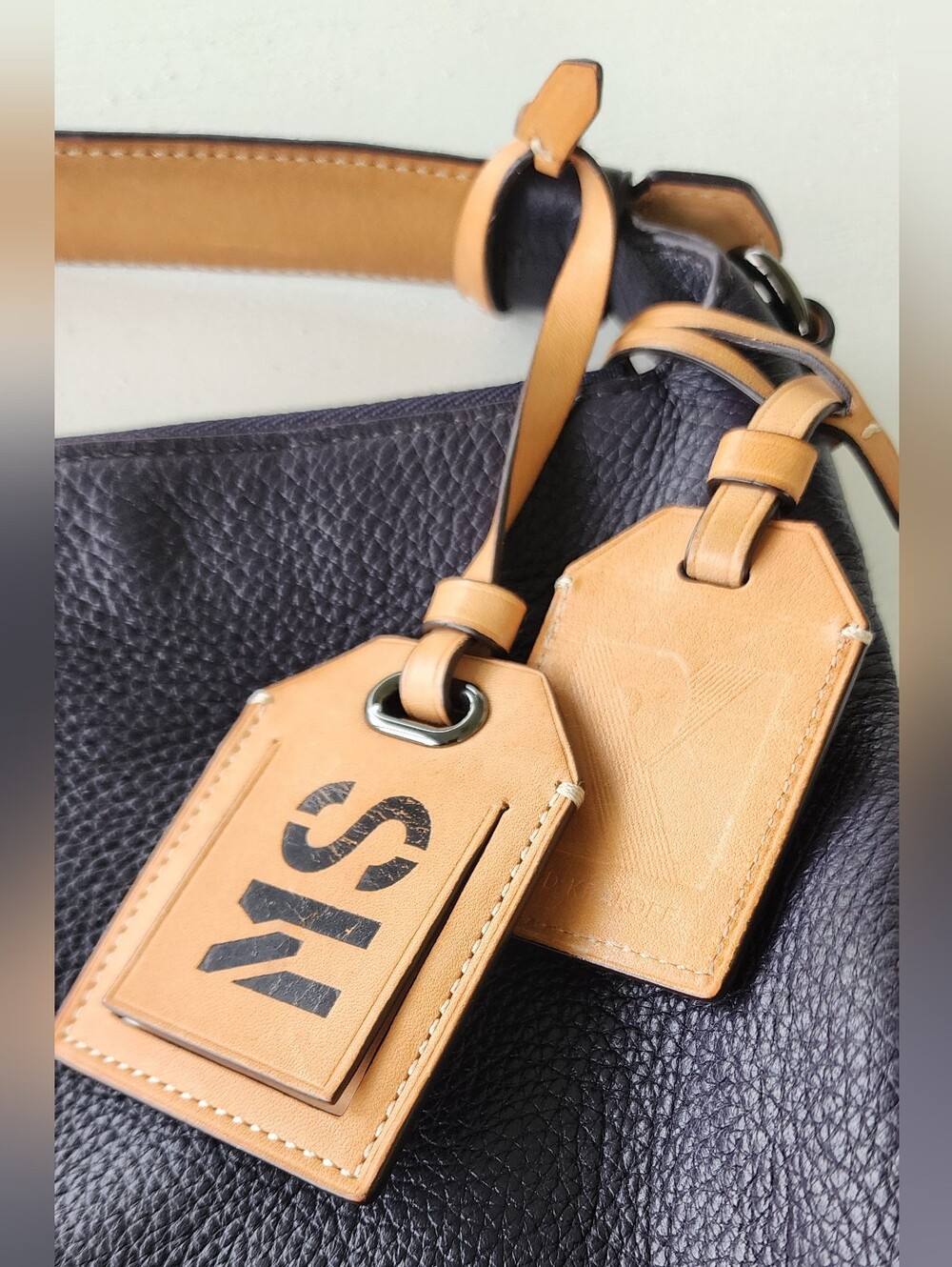Reed Krakoff Navy Leather Shoulder Bag with Tan Accents - Picture 10 of 13